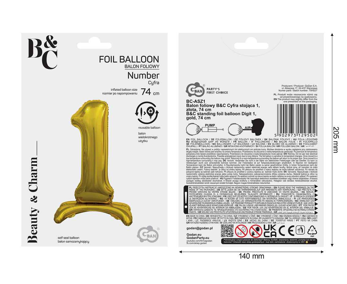 B&C standing foil balloon Digit 1, gold, 74 cm